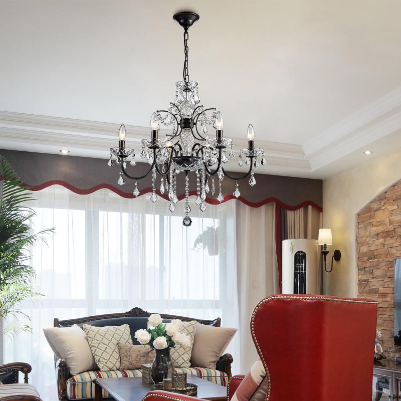 Bestier Black Finish Elegent Crystal Candle Candelabra Chandelier 6 Light Lighting Fixture LED Pendant Ceiling Light Dia 26 in x H 26 in - Image 2